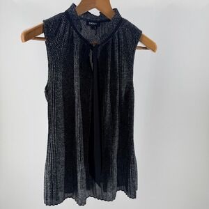 DKNY Womens Black White Textured Pleated Tie Neck Sleeveless Blouse Size M